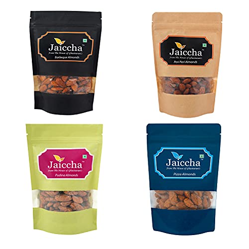 Jaiccha Ghasitaram Pack of 4 Pizza, Peri Peri, Pudina, Barbeque Almonds Pouches 800 GMS von Jaiccha