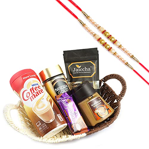 Jaiccha Ghasitaram Rakhi Gifts for Brothers - Basket for Coffee Lovers with 2 Pearl Rakhis von Jaiccha