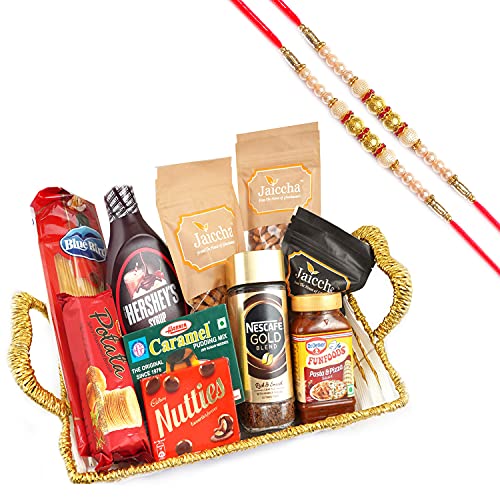 Jaiccha Ghasitaram Rakhi Gifts for Brothers - Basket of 10 Goodies with 2 Pearl Rakhis von Jaiccha