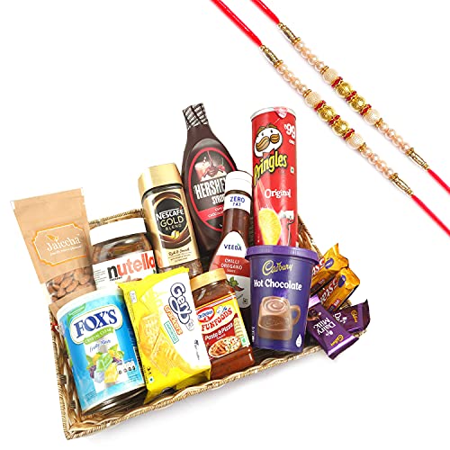 Jaiccha Ghasitaram Rakhi Gifts for Brothers - Basket of 14 Goodies with 2 Pearl Rakhis von Jaiccha