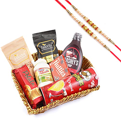 Jaiccha Ghasitaram Rakhi Gifts for Brothers - Basket of 7 Goodies with 2 Pearl Rakhis von Jaiccha