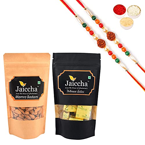 Jaiccha Ghasitaram Rakhi Gifts for Brothers - Best of 2 MEWA Bites, and Mamra Almonds with 2 Rudraksh Rakhis Jaiccha Ghasitaram Rakhi Gifts for Brothers - Best of 2 MEWA Bites, and Mamra Almonds with 2 Rudraksh Rakhis von Jaiccha