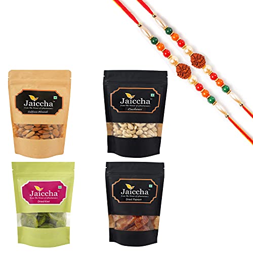 Jaiccha Ghasitaram Rakhi Gifts for Brothers - Best of 4 Almonds, Cashews, Kiwi and Papaya with 2 Rudraksh Rakhis von Jaiccha
