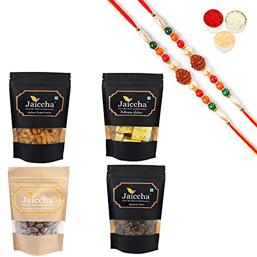 Jaiccha Ghasitaram Rakhi Gifts for Brothers - Best of 4 MEWA Bites, Butter Chakli Sticks, Banarsi Flavoured and Chocolate Coated Almonds with 2 Rudraksh Rakhis Jaiccha Ghasitaram Rakhi Gifts for Brothers - Best of 4 MEWA Bites, Butter Chakli Sticks, Banarsi Flavoured and Chocolate Coated Almonds with 2 Rudraksh Rakhis von Jaiccha