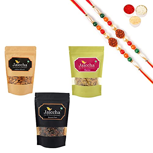 Jaiccha Ghasitaram Rakhi Gifts for Brothers - Best of Almonds, Raisins and Banarsi Flavoured with 2 Rudraksh Rakhis von Jaiccha