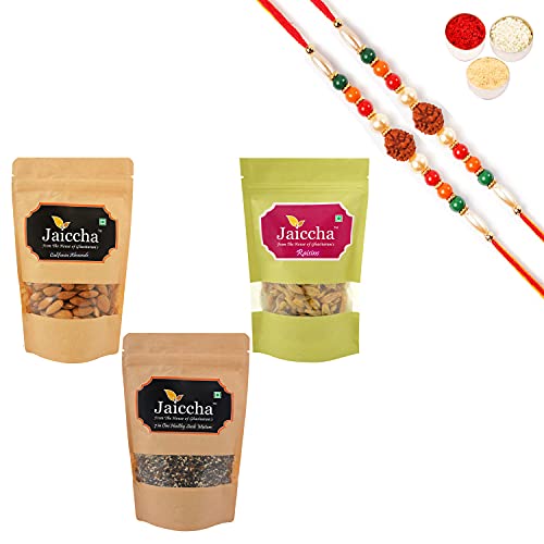 Jaiccha Ghasitaram Rakhi Gifts for Brothers - Best of Almonds, Rasins and Mix Seeds with 2 Rudraksh Rakhis von Jaiccha