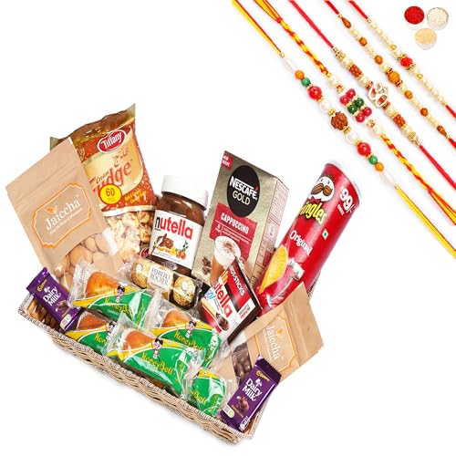 Jaiccha Ghasitaram Rakhi Gifts for Brothers - Big Rectangle Basket Hamper of 21 Goodies with 5 Rakhis von Jaiccha