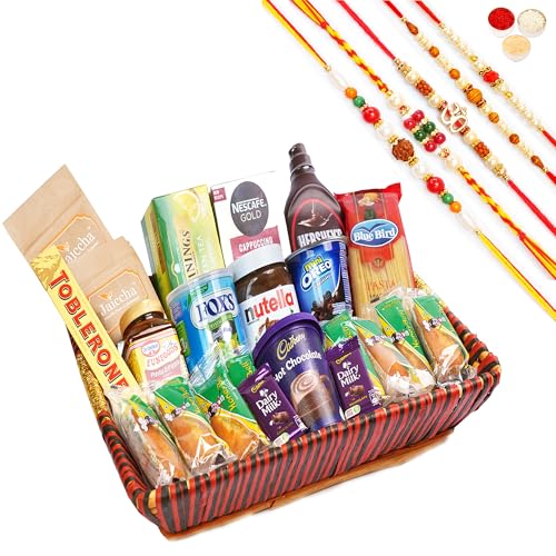 Jaiccha Ghasitaram Rakhi Gifts for Brothers - Big Red Basket Hamper of 24 Goodies with 5 Rakhis von Jaiccha