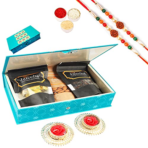 Jaiccha Ghasitaram Rakhi Gifts for Brothers - Blue Rectangular Box of MEWA Bites, Almonds,Banarsi Flavoured and 2 T-Lites with 2 Rudraksh Rakhis von Jaiccha