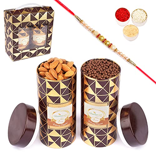 Jaiccha Ghasitaram Rakhi Gifts for Brothers Box 2 Tin Jars of Almonds and Choco Coated Rice Crispies with Pearl Rakhi Jaiccha Ghasitaram Rakhi Gifts for Brothers Box 2 Tin Jars of Almonds and Choco Coated Rice Crispies with Pearl Rakhi von Jaiccha