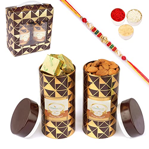 Jaiccha Ghasitaram Rakhi Gifts for Brothers Box 2 Tin Jars of Almonds and MEWA Bites with Pearl Rakhi von Jaiccha