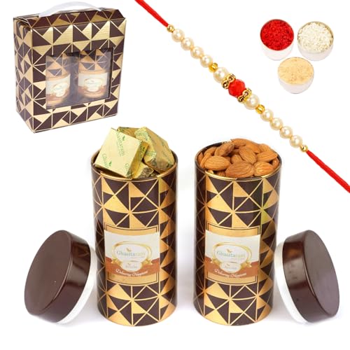 Jaiccha Ghasitaram Rakhi Gifts for Brothers Box 2 Tin Jars of Almonds and MEWA Bites with Pearl Rakhi Jaiccha Ghasitaram Rakhi Gifts for Brothers Box 2 Tin Jars of Almonds and MEWA Bites with Pearl Rakhi von Jaiccha