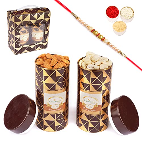 Jaiccha Ghasitaram Rakhi Gifts for Brothers Box 2 Tin Jars of Cashews and Almonds with Pearl Rakhi Jaiccha Ghasitaram Rakhi Gifts for Brothers Box 2 Tin Jars of Cashews and Almonds with Pearl Rakhi von Jaiccha