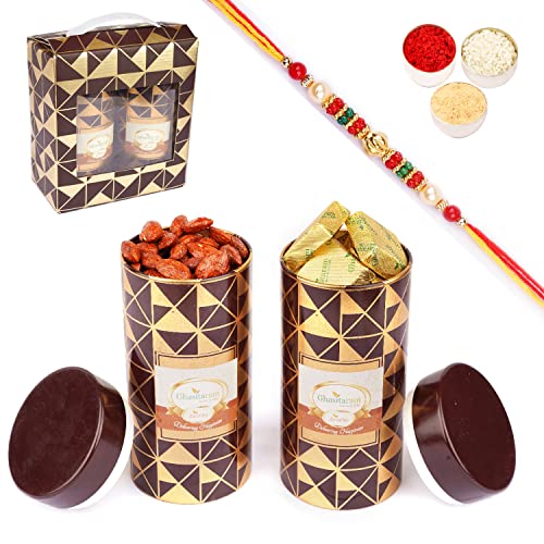 Jaiccha Ghasitaram Rakhi Gifts for Brothers Box 2 Tin Jars of Flavoured Almonds and MEWA Bites with Pearl Rakhi von Jaiccha