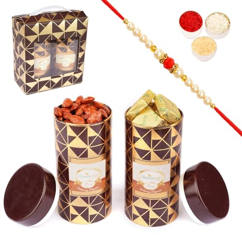 Jaiccha Ghasitaram Rakhi Gifts for Brothers Box 2 Tin Jars of Flavoured Almonds and MEWA Bites with Pearl Rakhi Jaiccha Ghasitaram Rakhi Gifts for Brothers Box 2 Tin Jars of Flavoured Almonds and MEWA Bites with Pearl Rakhi von Jaiccha
