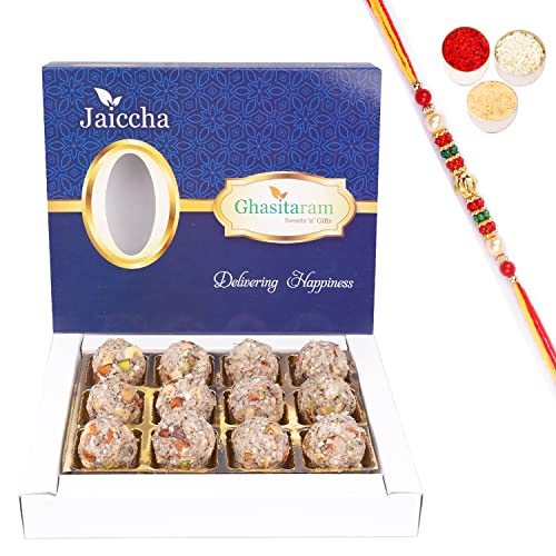 Jaiccha Ghasitaram Rakhi Gifts for Brothers Ding Coconut Laddoo 12 pcs with Beads Rakhi von Jaiccha
