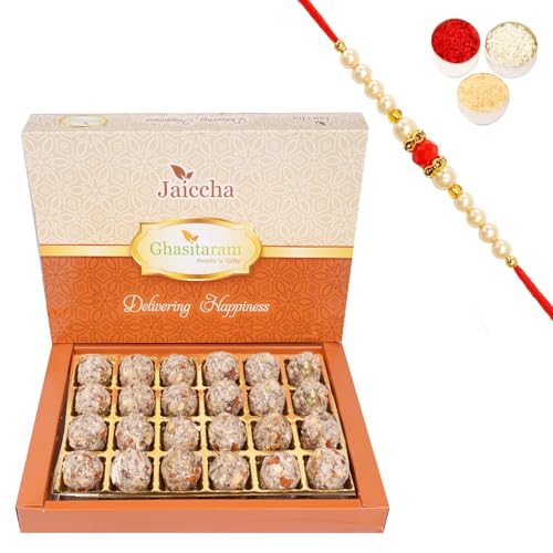 Jaiccha Ghasitaram Rakhi Gifts for Brothers Ding Coconut Laddoo 24 pcs with Beads Rakhi von Jaiccha