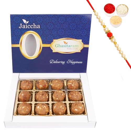 Jaiccha Ghasitaram Rakhi Gifts for Brothers Dryfruit Mawa Laddoo 12 pcs with Beads Rakhi von Jaiccha