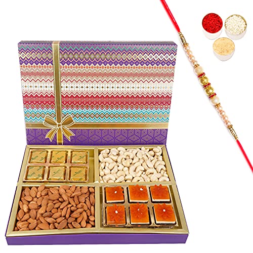 Jaiccha Ghasitaram Rakhi Gifts for Brothers Fruit n Nut Dryfruit Box with Mango and MEWA Bites 700 GMS with Pearl Rakhi von Jaiccha