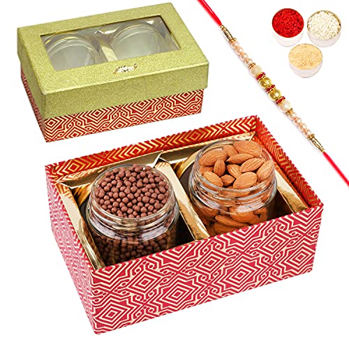 Jaiccha Ghasitaram Rakhi Gifts for Brothers Golden Box with 2 Jars of Almonds and Choco Coated Rice Crispies with Pearl Rakhi von Jaiccha