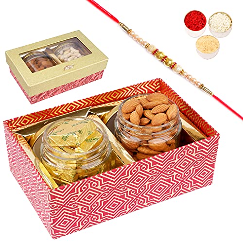 Jaiccha Ghasitaram Rakhi Gifts for Brothers Golden Box with 2 Jars of Almonds and MEWA Bites with Pearl Rakhi Jaiccha Ghasitaram Rakhi Gifts for Brothers Golden Box with 2 Jars of Almonds and MEWA Bites with Pearl Rakhi von Jaiccha
