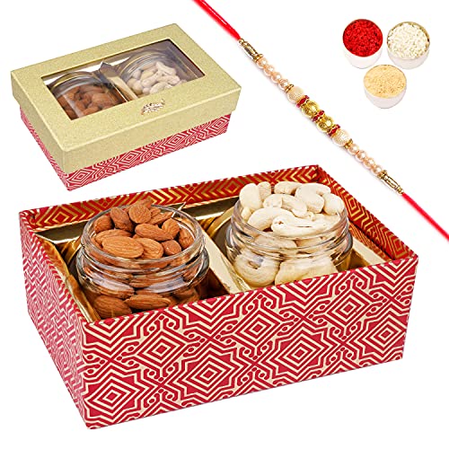 Jaiccha Ghasitaram Rakhi Gifts for Brothers Golden Box with 2 Jars of Cashews and Almonds with Pearl Rakhi von Jaiccha
