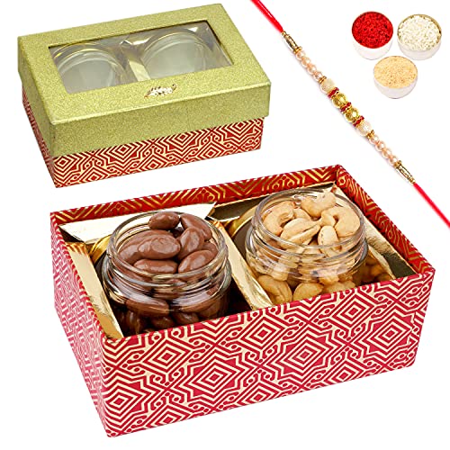 Jaiccha Ghasitaram Rakhi Gifts for Brothers Golden Box with 2 Jars of Chocolate Coated Almonds and Roasted Cashews with Pearl Rakhi von Jaiccha