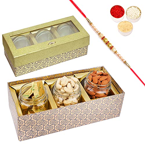 Jaiccha Ghasitaram Rakhi Gifts for Brothers Golden Box with 3 Jars of Cashews, Almonds and MEWA Bites with Pearl Rakhi von Jaiccha