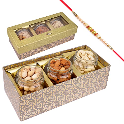 Jaiccha Ghasitaram Rakhi Gifts for Brothers Golden Box with 3 Jars of Cashews, Almonds and Pistachios with Pearl Rakhi von Jaiccha