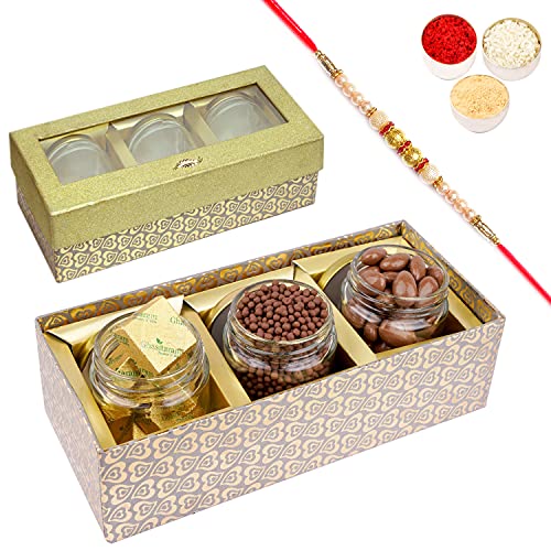Jaiccha Ghasitaram Rakhi Gifts for Brothers Golden Box with 3 Jars of Chocolate Coated Almonds, Rice Crispies and MEWA Bites with Pearl Rakhi von Jaiccha