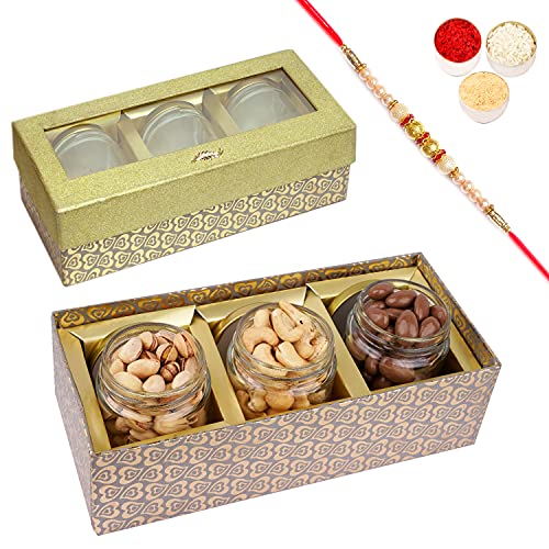 Jaiccha Ghasitaram Rakhi Gifts for Brothers Golden Box with 3 Jars of Chocolate Coated Almonds, Roasted Cashews and Pistachios with Pearl Rakhi von Jaiccha