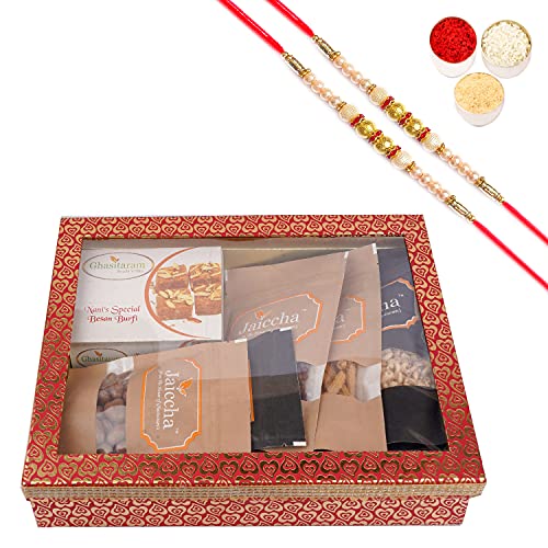 Jaiccha Ghasitaram Rakhi Gifts for Brothers Hamper Box 6 Goodies with Besan Barfi with 2 Pearl Rakhis von Jaiccha