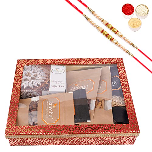 Jaiccha Ghasitaram Rakhi Gifts for Brothers Hamper Box 6 Goodies with Kaju Katli with 2 Pearl Rakhis von Jaiccha