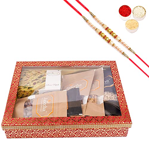 Jaiccha Ghasitaram Rakhi Gifts for Brothers Hamper Box 6 Goodies with Soan Papdi with 2 Pearl Rakhis von Jaiccha