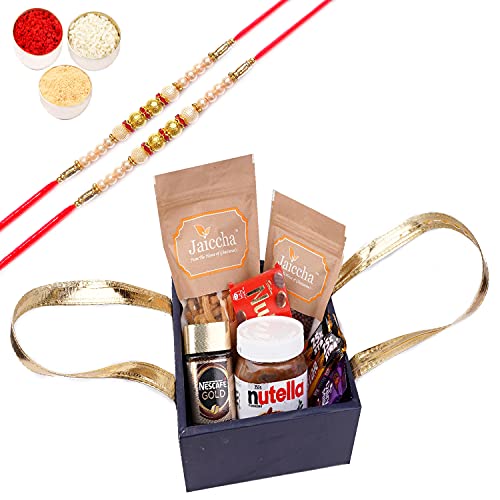 Jaiccha Ghasitaram Rakhi Gifts for Brothers Handle Basket of 9 Goodies with 2 Pearl Rakhis von Jaiccha