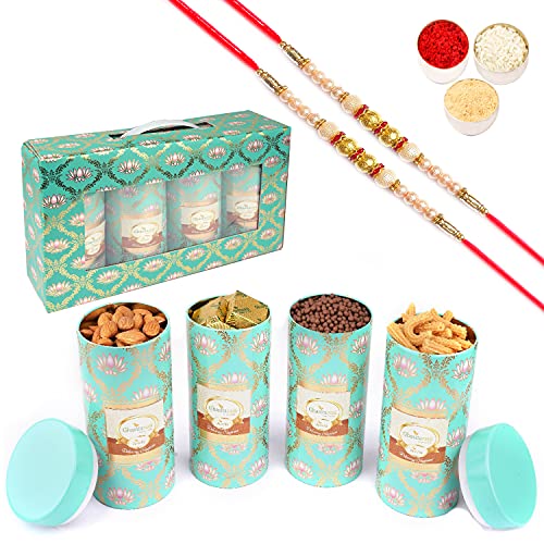 Jaiccha Ghasitaram Rakhi Gifts for Brothers Lotus Box 4 Tin Jars Almonds, Rice Crispies, Butter Chakli and MEWA Bites with 2 Pearl Rakhis von Jaiccha