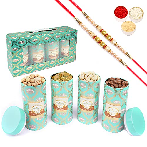 Jaiccha Ghasitaram Rakhi Gifts for Brothers Lotus Box 4 Tin Jars Cashew, Pista, Chocolate Coated Almonds and MEWA Bites with 2 Pearl Rakhis von Jaiccha