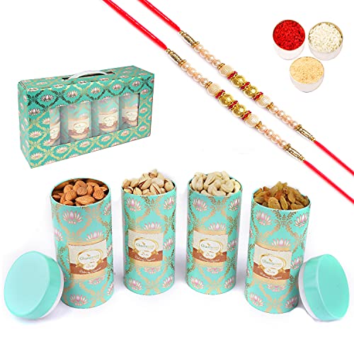 Jaiccha Ghasitaram Rakhi Gifts for Brothers Lotus Box 4 dryfruits Tin Jars with 2 Pearl Rakhis von Jaiccha