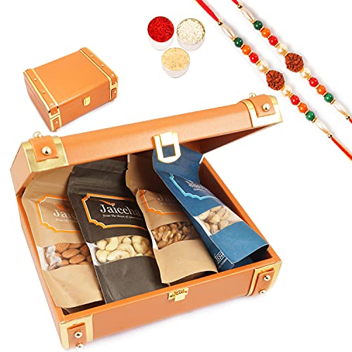 Jaiccha Ghasitaram Rakhi Gifts for Brothers - Orange Trunk Box of Almonds, Cashews, Pistachio and Walnuts with 2 Rudraksh Rakhis von Jaiccha