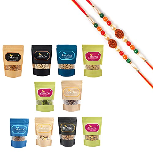 Jaiccha Ghasitaram Rakhi Gifts for Brothers - Pack of 10 dryfruits Cashews,Almonds,Raisins, Pistachios,Figs,Dried Apricots, Walnuts,Crunchy Cashews,Choco Coated Almonds and Kiwi with 2 Rudraksh Rakhis von Jaiccha