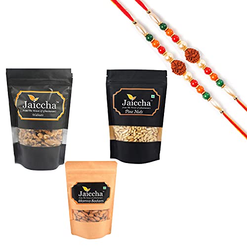 Jaiccha Ghasitaram Rakhi Gifts for Brothers - Pack of 3 Premium Dryfruits Pinenuts, Mamro Almonds and Walnuts with 2 Rudraksh Rakhis von Jaiccha