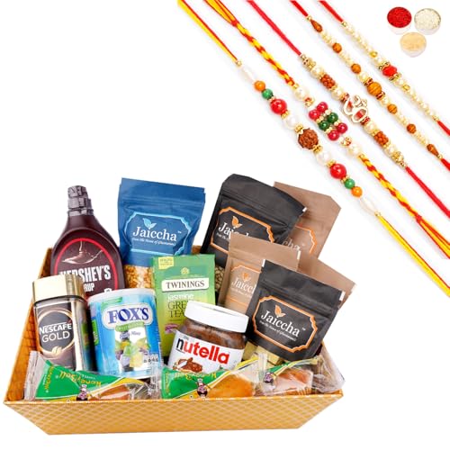 Jaiccha Ghasitaram Rakhi Gifts for Brothers Perfect Big Basket of 16 Goodies with 5 Rakhis von Jaiccha