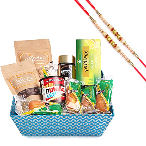 Jaiccha Ghasitaram Rakhi Gifts for Brothers - Perfect Tea/ Coffee Time Basket Hamper with 2 Pearl Rakhis von Jaiccha