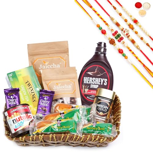 Jaiccha Ghasitaram Rakhi Gifts for Brothers Rakhi Chocolate - Brown Cane Like Basket of 18 Goodies with 5 Rakhis von Jaiccha