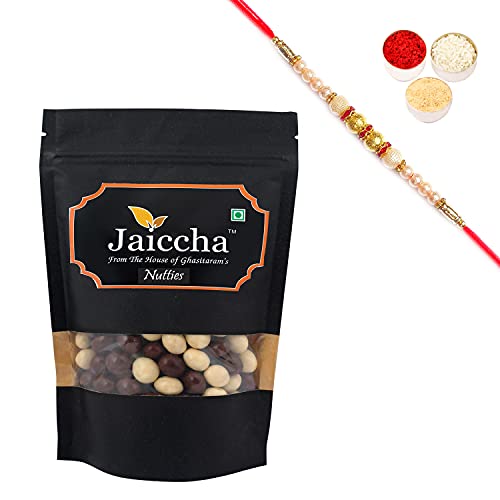 Jaiccha Ghasitaram Rakhi Gifts for Brothers Rakhi Chocolate - Nutties 200 GMS in Black Paper Pouch with Pearl Rakhi Jaiccha Ghasitaram Rakhi Gifts for Brothers Rakhi Chocolate - Nutties 200 GMS in Black Paper Pouch with Pearl Rakhi von Jaiccha