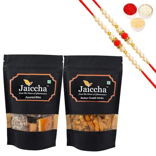 Jaiccha Ghasitaram Rakhi Gifts for Brothers Rakhi Sweets - Best of 2 Assorted Bites 200 GMS and Butter Chakli Sticks 100 GMS Pouch with 2 Beads Rakhis Jaiccha Ghasitaram Rakhi Gifts for Brothers Rakhi Sweets - Best of 2 Assorted Bites 200 GMS and Butter Chakli Sticks 100 GMS Pouch with 2 Beads Rakhis von Jaiccha