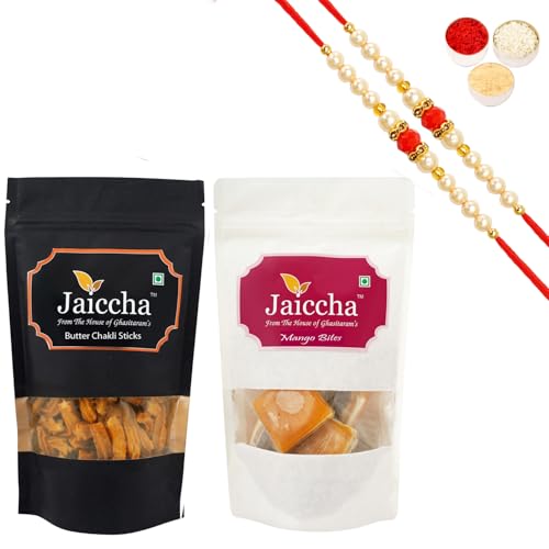 Jaiccha Ghasitaram Rakhi Gifts for Brothers Rakhi Sweets - Best of 2 Mango Bites 200 GMS and Butter Chakli Sticks 100 GMS Pouch with 2 Beads Rakhis Jaiccha Ghasitaram Rakhi Gifts for Brothers Rakhi Sweets - Best of 2 Mango Bites 200 GMS and Butter Chakli Sticks 100 GMS Pouch with 2 Beads Rakhis von Jaiccha