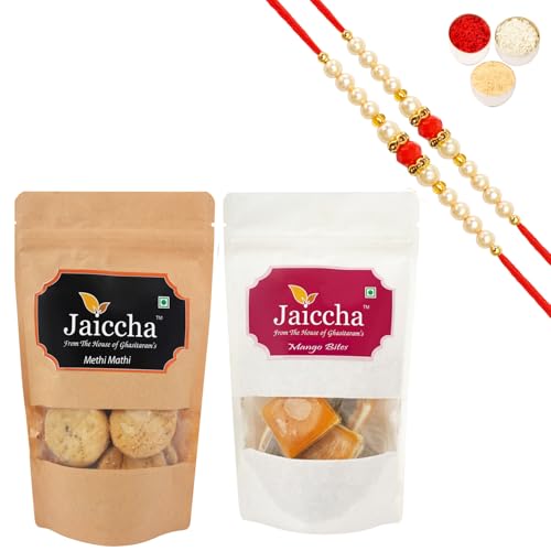 Jaiccha Ghasitaram Rakhi Gifts for Brothers Rakhi Sweets - Best of 2 Mango Bites 200 GMS and Methi Mathi 150 GMS Pouch with 2 Beads Rakhis Jaiccha Ghasitaram Rakhi Gifts for Brothers Rakhi Sweets - Best of 2 Mango Bites 200 GMS and Methi Mathi 150 GMS Pouch with 2 Beads Rakhis von Jaiccha