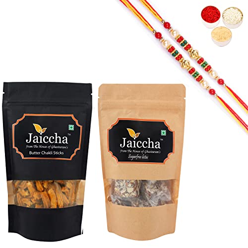 Jaiccha Ghasitaram Rakhi Gifts for Brothers Rakhi Sweets - Best of 2 Suagrfree Bites 200 GMS and Butter Chakli Sticks 100 GMS Pouch with 2 Beads Rakhis von Jaiccha