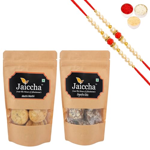 Jaiccha Ghasitaram Rakhi Gifts for Brothers Rakhi Sweets - Best of 2 Suagrfree Bites 200 GMS and Methi Mathi 150 GMS Pouch with 2 Beads Rakhis Jaiccha Ghasitaram Rakhi Gifts for Brothers Rakhi Sweets - Best of 2 Suagrfree Bites 200 GMS and Methi Mathi 150 GMS Pouch with 2 Beads Rakhis von Jaiccha